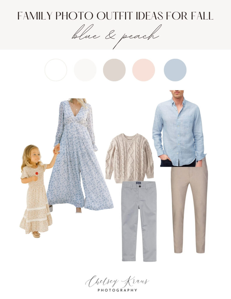 style board for fall family photo outfits as styled by a professional family photographer in virginia beach, virginia featuring blush and peach color tones. 