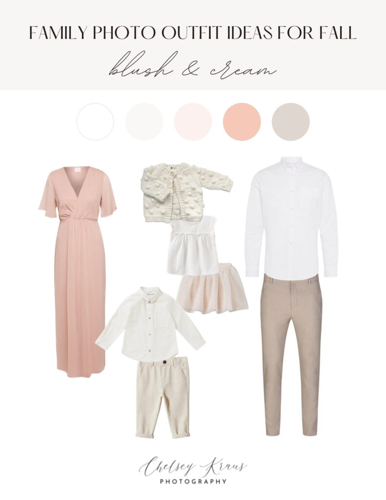 style board for family photo outfits as styled by a professional family photographer in virginia beach, virginia featuring blush and cream color tones. 