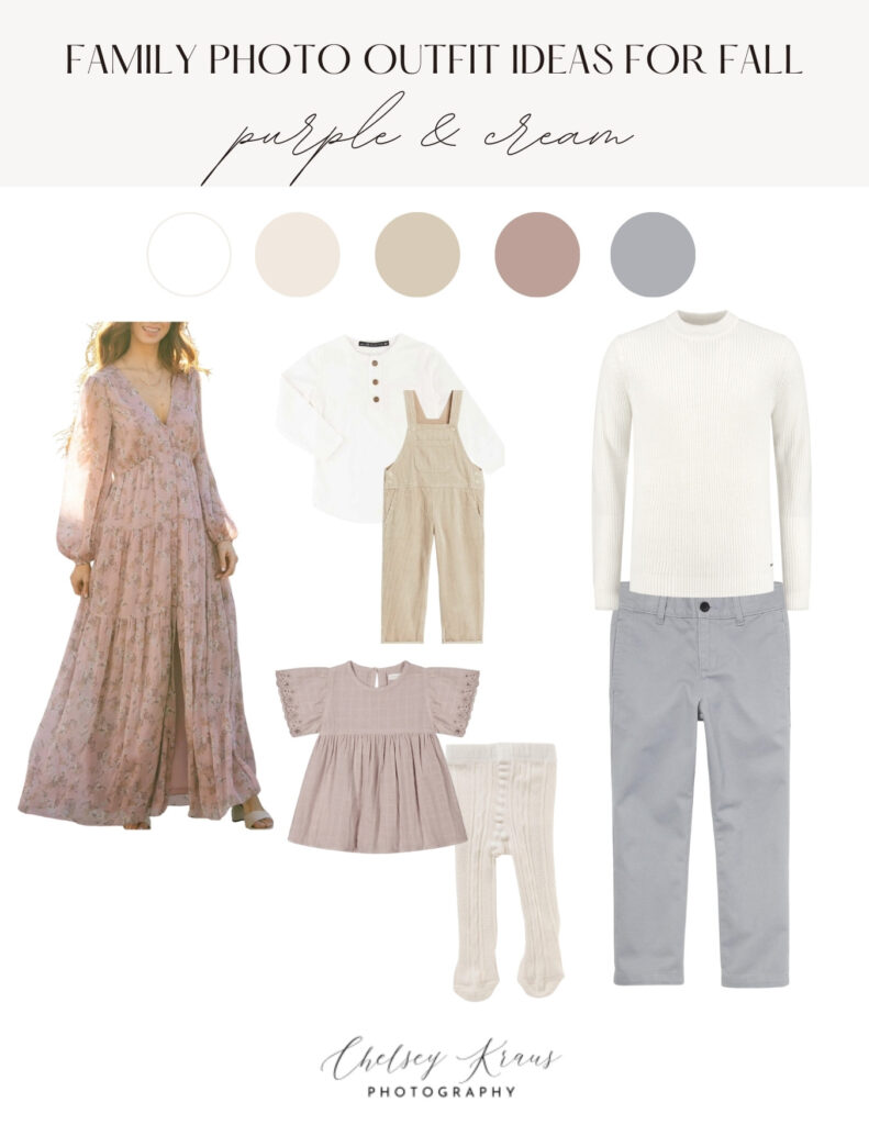 style board for family photo outfit ideas as styled by a professional family photographer in virginia beach, virginia featuring purple and cream color tones. 