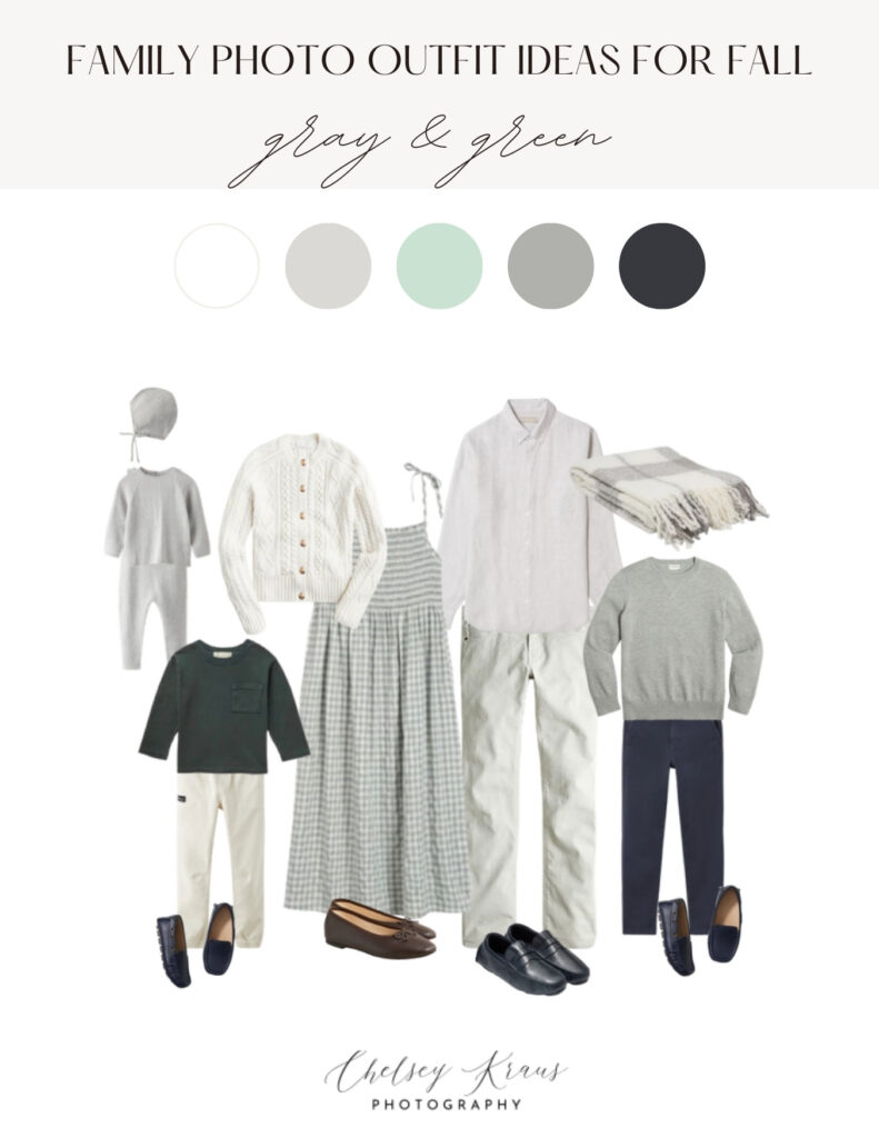 style board for fall family photo outfits as styled by a professional family photographer in virginia beach, virginia featuring a cooler toned, green and gray color palate. 