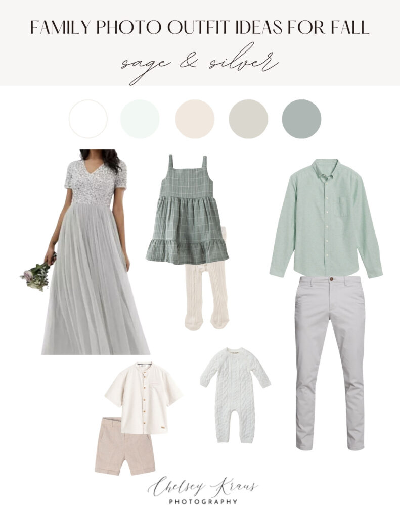 style board for family outfits as styled by a professional family photographer in virginia beach, virginia featuring sage & silver colors. 