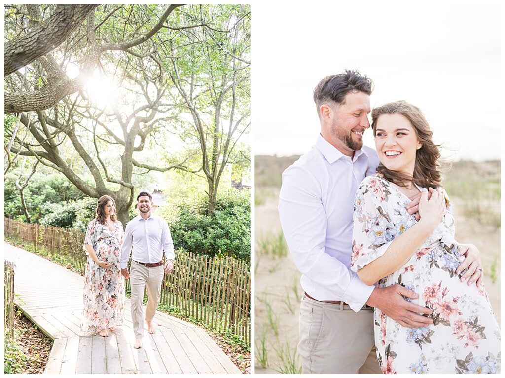 side by side images of maternity photos with couple expecting their first baby, during photos on the beach