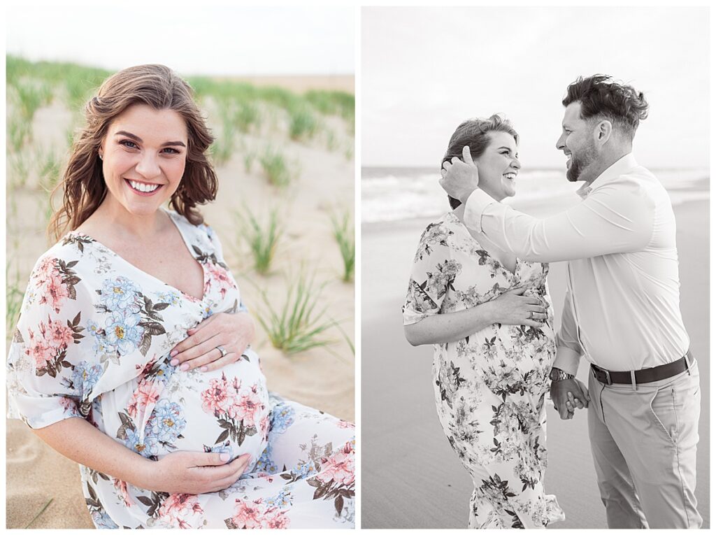 glowing, expectant mother smiling at the camera and holding her belly, and second image beside it with husband tucking hair behind his gorgeous pregnant wife's ear during maternity photos on the beach