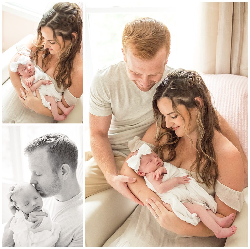 newborn photos of parents with their baby girl at their home in virginia beach 