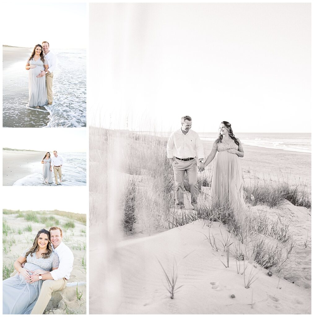 collage of maternity photos of first time parents on the beach as a part of the first year collective baby membership by chelsey kraus photography
