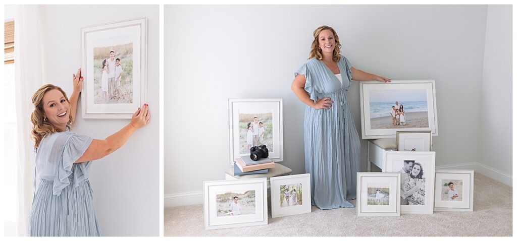 full service family photographer in virginia beach posing with custom framed photos from family portraits