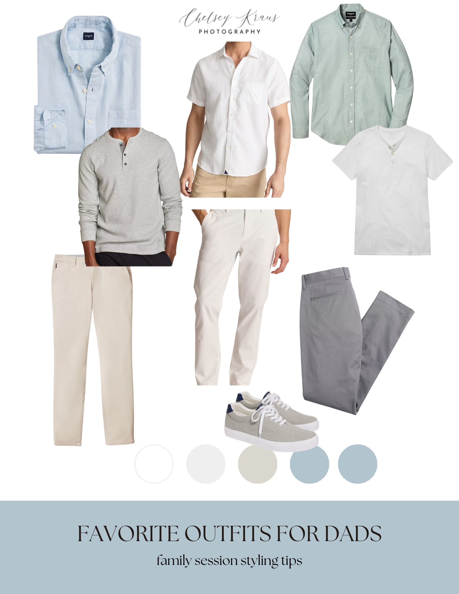 family photo styling tips for dads, styling board with images of what dad can wear for gorgeous family photos