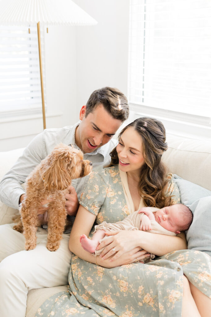 newborn photo at home with dog 